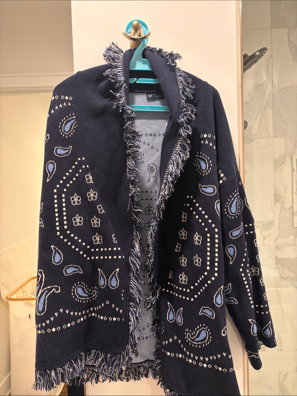 GAP Navy and Light Blue Bandana-Print Fringe Cardigan - Picture 3 of 6